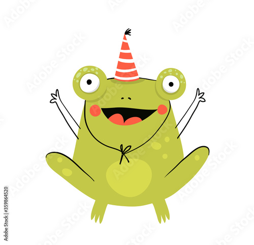 Funny cute amusing and silly frog wearing party hat, cute smiling happy animal for children. Happy Birthday card congratulating frog hand drawn doodle design. Vector kids cartoon illustration.