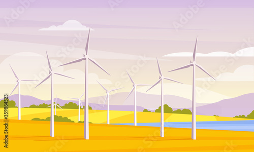 Vector illustration of alternative energy resource with rotation windmills, wind turbines, field, mountains, lake, bush, sky. Summer landscape and windmill elements as symbol of ecological power.