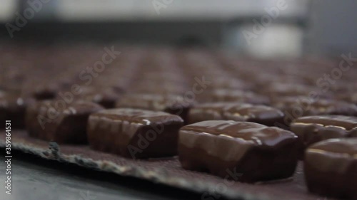 Chocolates are transported along a conveyor belt in an automatic production in a confectionery factory. Glazed candies move in front of the camera lens. Close-up video.