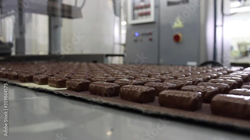 Chocolates are transported along a conveyor belt in an automatic production in a confectionery factory. Glazed candies move in front of the camera lens.
