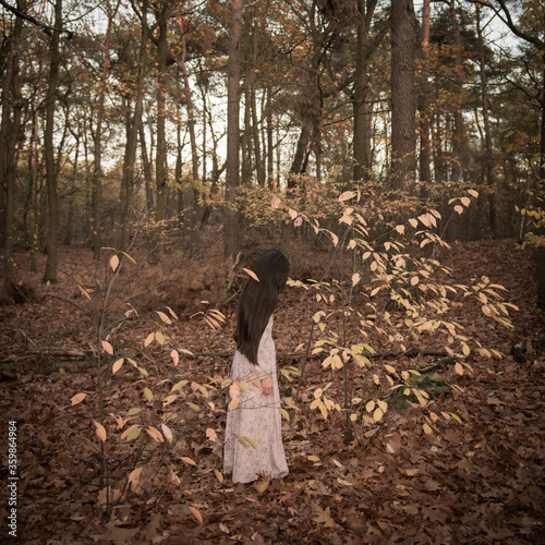 Girl in vintage dress standing in the forest with autumn foliage photo