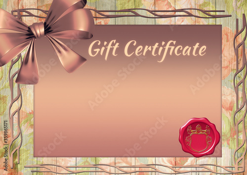 Gift certificate in pastel pinkish-green shades with red wax seal.