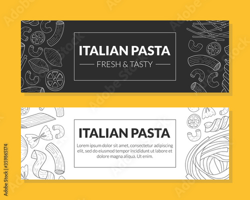 Italian Pasta Fresh and Tasty Card Templates Set, Traditional Cuisine Products Pattern, Food Menu, Restaurant, Cafe Design Element, Landing Page, Flyer, Card, Hand Drawn Vector Illustration
