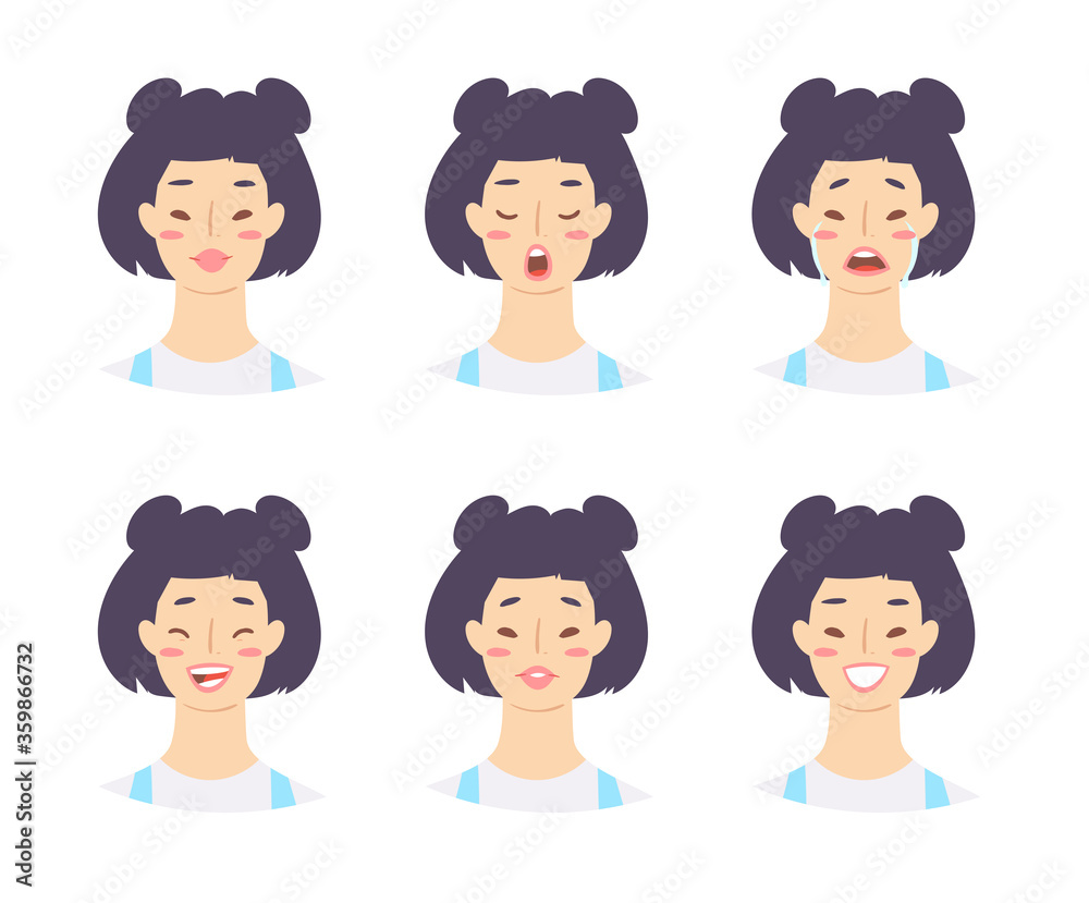 Cartoon set asian of woman emoticons. Emotion female icons. Isolated girl avatars with different facial expressions. Vector illustration of emotional faces for stickers, web, social network account Cartoon set asian of woman emoticons. Emotion female icons. Isolated girl avatars with different facial expressions. Vector illustration of emotional faces for stickers, web, social network account