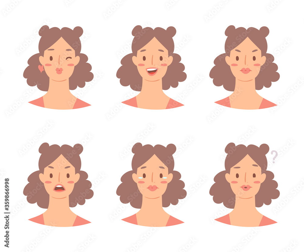 Cartoon set of European woman emoticons. Emotion female icons. Isolated girl avatars with different facial expressions. Vector illustration of emotional faces for stickers, web, social network account Cartoon set of European woman emoticons. Emotion female icons. Isolated girl avatars with different facial expressions. Vector illustration of emotional faces for stickers, web, social network account