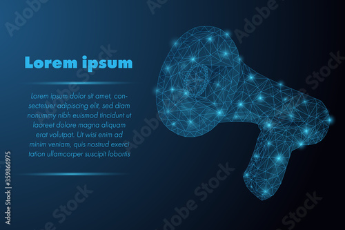 Futuristic glowing low polygonal magaphone made of stars, lines, dots, triangles isolated on dark blue background. Social media and advertising concept. Modern wireframe vector illustration. photo