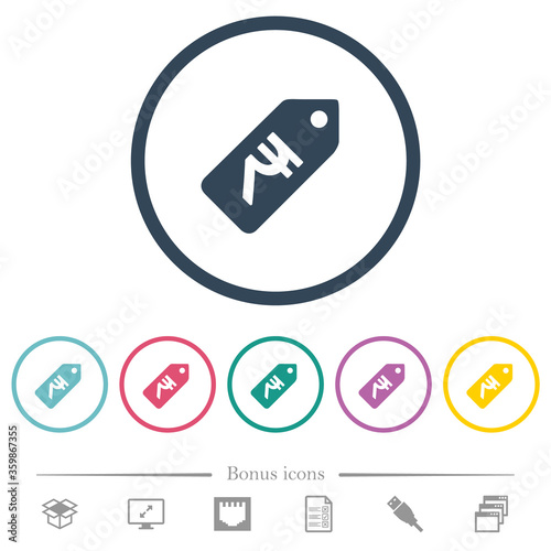 Indian Rupee price label flat color icons in round outlines