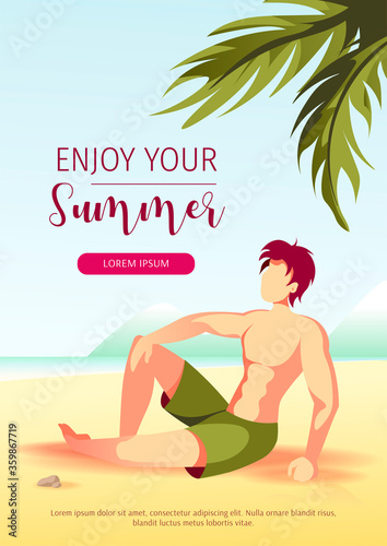 Promo banner or flyer for summer sale with man sitting on the beach. A4 Vector Illustration for special discount offer, advertising, commercial, card, invitation. 