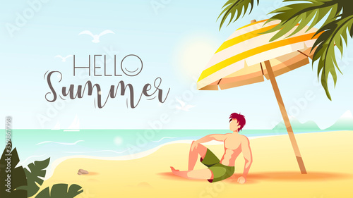 Hello Summer card design with man sunbathing on the beach. Vector Illustration for Beach Holidays, Summer vacation, Leisure, Recreation, Nature.