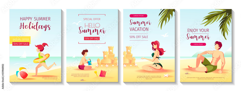 Set of flyers for summer sale with family on the beach. Mother, father and children sunbathing and playing on the seashore. Vector Illustration for special discount offer, advertising, commercial. 