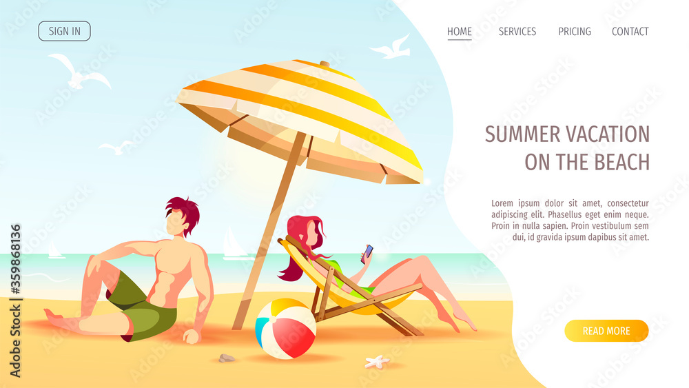 Website design with couple sitting under a sunshade on the beach. Vector Illustration for Beach Holidays, Summer vacation, Leisure, Recreation, Nature.
