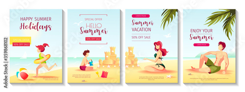 Set of flyers for summer sale with family on the beach. Mother, father and children sunbathing and playing on the seashore. Vector Illustration for special discount offer, advertising, commercial. 