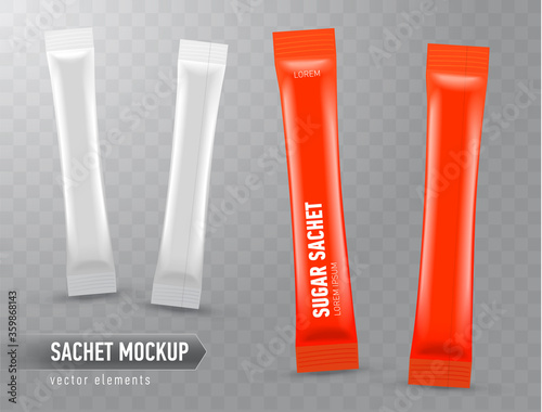 Realistic mock up of stick sachets. Front and back view. Blank packaging for cosmetic or food product. Template for your design, ready to use. Vector illustration isolated on transparent background.