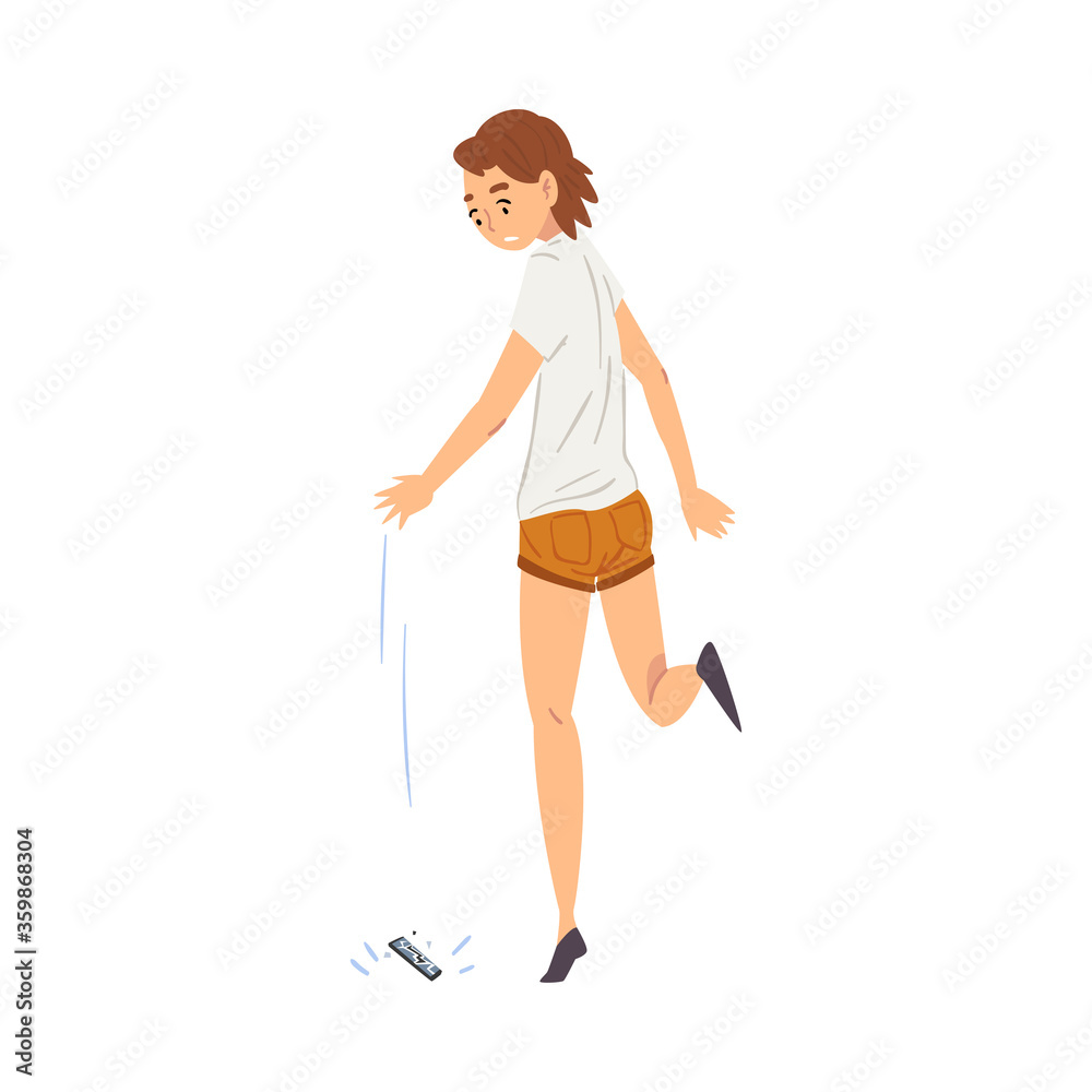 Walking Girl Dropping Her Smartphone, Sad Young Woman with Broken Phone Cartoon Style Vector Illustration Walking Girl Dropping Her Smartphone, Sad Young Woman with Broken Phone Cartoon Style Vector Illustration
