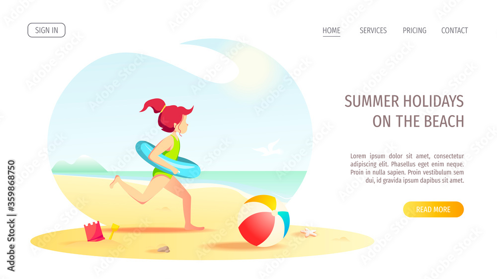 Website design with girl running on the seashore with rubber ring. Vector Illustration for Beach Holidays, Summer vacation, Leisure, Recreation, Nature, Childhood.