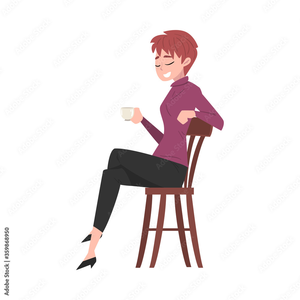 Girl Sitting on Chair in Cafe, Young Smiling Woman Drinking Coffee and Relaxing Vector Illustration Girl Sitting on Chair in Cafe, Young Smiling Woman Drinking Coffee and Relaxing Vector Illustration