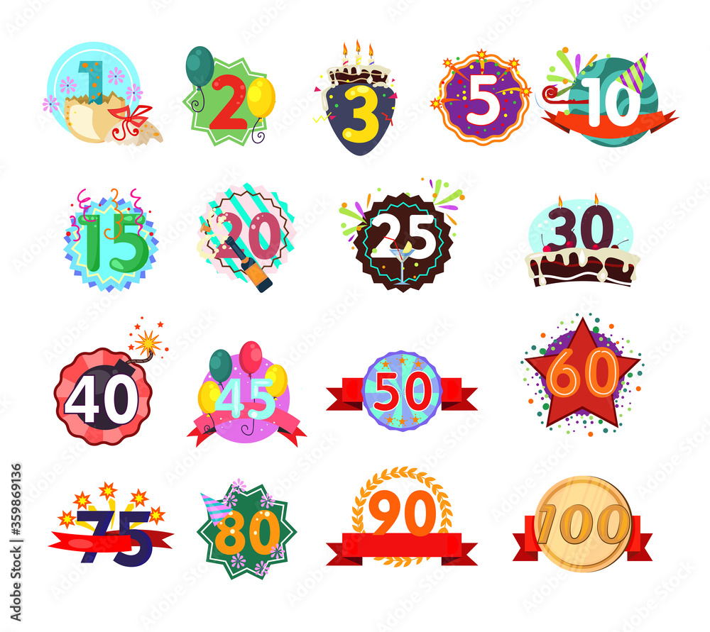 Anniversary signs set illustration. Bright festival ribbons with jubilee numbers. Can be used for topics like birthday, celebration, festival - obrazy, fototapety, plakaty 