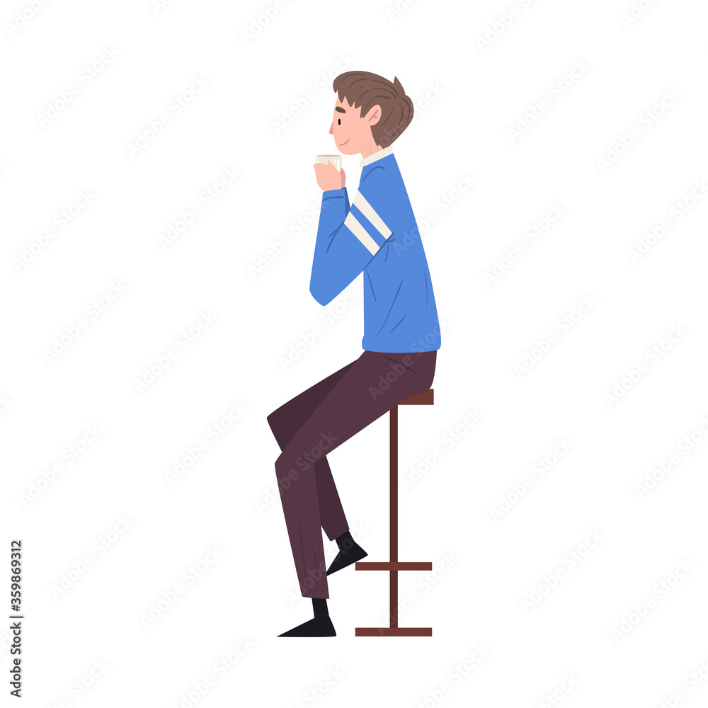 Young Man Sitting on Chair at Bar Drinking Coffee and Relaxing Vector Illustration Young Man Sitting on Chair at Bar Drinking Coffee and Relaxing Vector Illustration