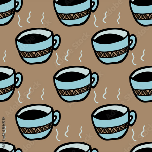 Seamless vector of pastel blue tribal style Motif art coffee cup on brown background for making many kinds of printing or textile graphic related Aboriginal  Maya  Inca  African trendy style