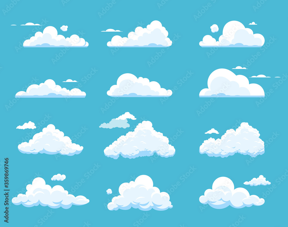 Vector set of cartoon clouds isolated on blue background. Collection of different shapes cloud icons in flat style. Cloudscape illustration. Symbol for label, logo, pattern, web site, poster, wallpape