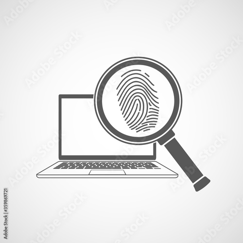Icon magnifier with fingerprint in front a laptop.