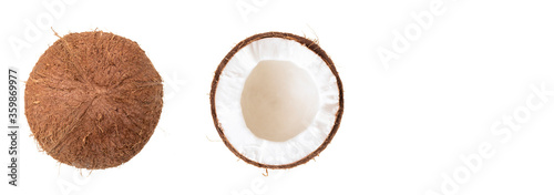 one whole coconut and one half coconut. on a white background