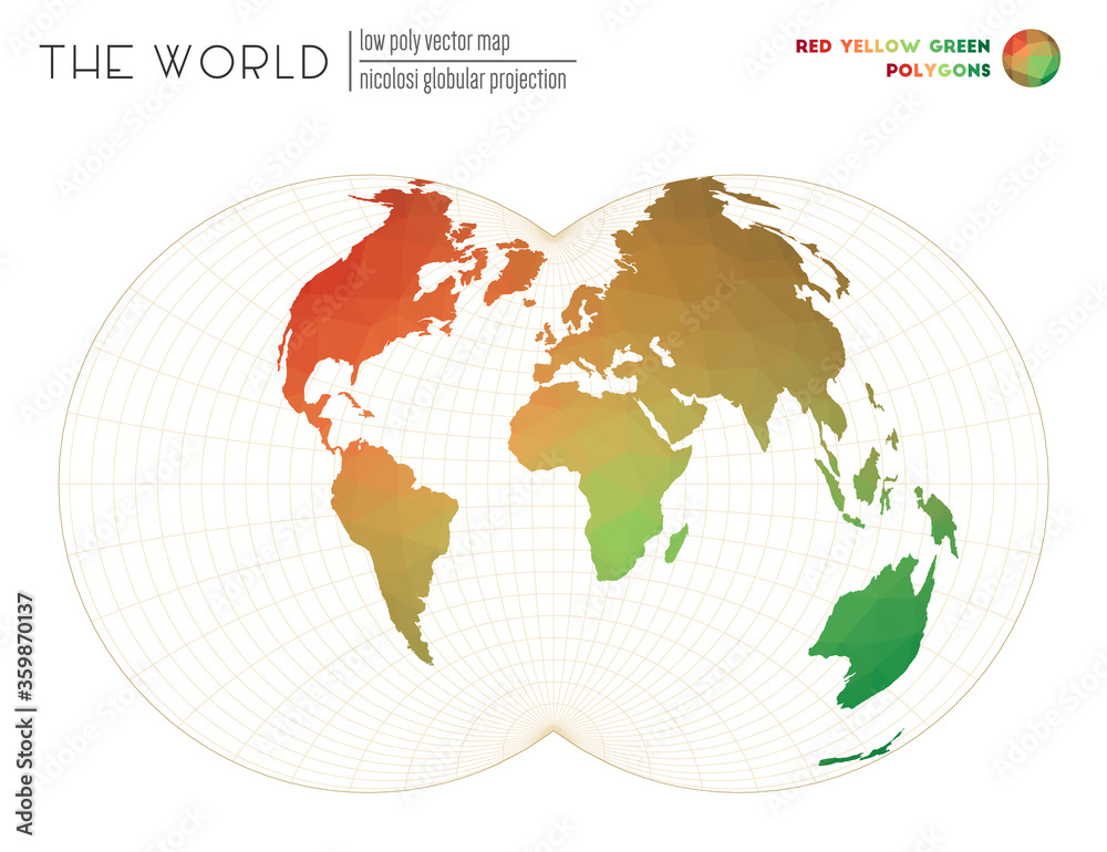 Polygonal world map. Nicolosi globular projection of the world. Red, Yellow, and Green colored polygons. Amazing vector illustration. Polygonal world map. Nicolosi globular projection of the world. Red, Yellow, and Green colored polygons. Amazing vector illustration.
