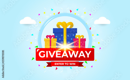 Giveaway Banner Template Design For Social Media Post. Gift Offer Banner, Giveaways Post And Winner Reward In Contest, Prize In Boxes. Vector Illustration