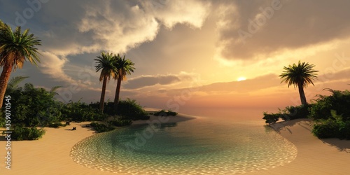 Little lagoon with palm trees at sunset, seascape