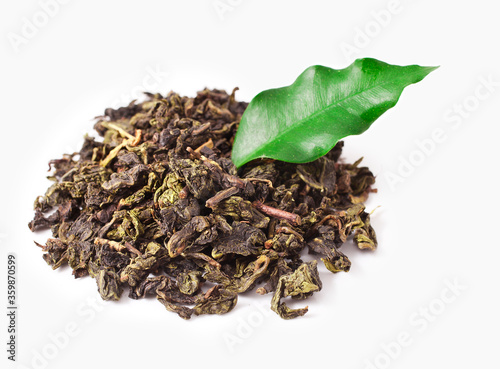 Chinese oolong tea with green leaf isolated on white background.