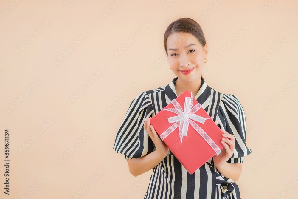 Portrait beautiful young asian woman with red gift box Portrait beautiful young asian woman with red gift box