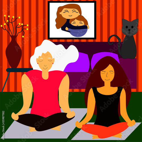 Grand mrother with her grand draughter practices yoga at home- doing meditation -at the time of home quarantine- prevention of the spread of coronavirus, covid-19, 2019-Ncov.