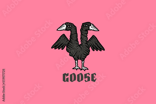 Two-headed goose. Animal mutant. Poultry logo. Vector illustration (ID: 359871728)