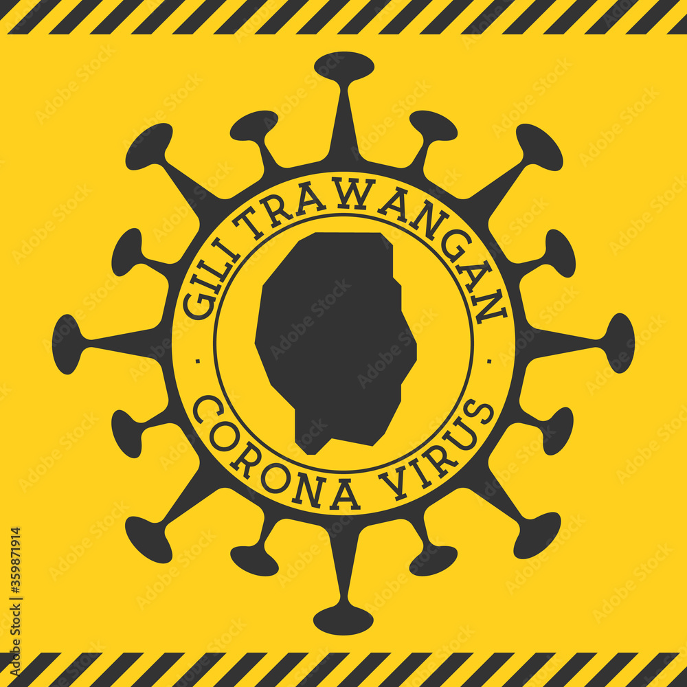 Corona virus in Gili Trawangan sign. Round badge with shape of virus and Gili Trawangan map. Yellow island epidemy lock down stamp. Vector illustration.