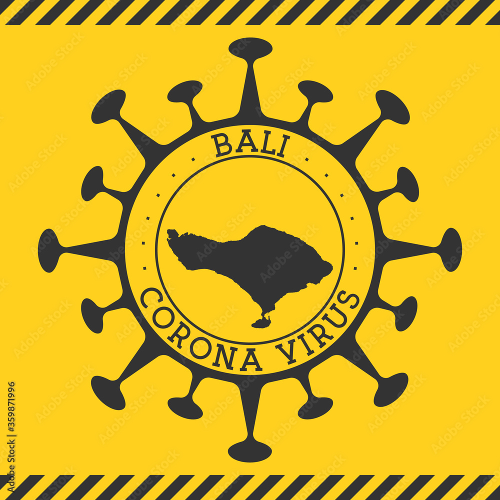 Corona virus in Bali sign. Round badge with shape of virus and Bali map. Yellow island epidemy lock down stamp. Vector illustration.