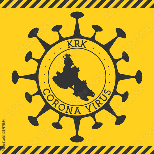 Corona virus in Krk sign. Round badge with shape of virus and Krk map. Yellow island epidemic lockdown stamp. Vector illustration.
