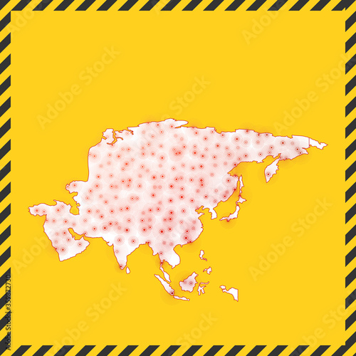 Asia closed - virus danger sign. Lockdown continent icon. Black striped border around map with virus spread concept. Vector illustration.