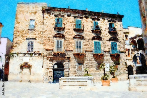 watercolorstyle representing the facade of a historic building in the historic center of Bitonto in Puglia photo