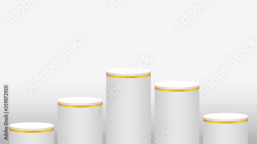 pedestal cylinder circle five steps for cosmetics showcase, podium circle stage white grey and gold color, platform 5 steps and advertising copy space, podium round five layers of product display