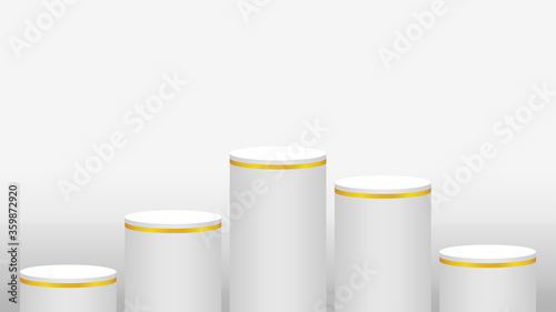 pedestal cylinder circle five steps for cosmetics showcase, podium circle stage white grey and gold color, platform 5 steps and advertising copy space, podium round five layers of product display