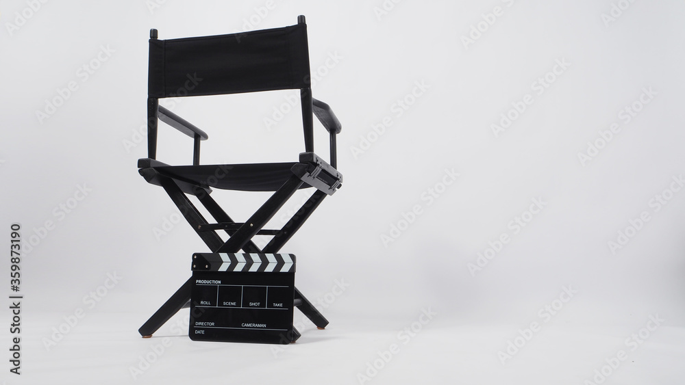 Back of black director chair use in video production or movie and cinema industry on white background. Back of black director chair use in video production or movie and cinema industry on white background.