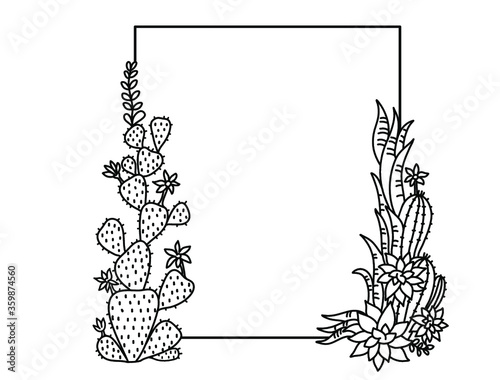 Cactuses frame. Succulent vector frame. Vector hand drawn illustration for text isolated on white. 