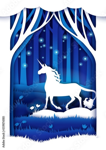Vector layered paper cut style fairytale composition. Magic unicorn in the woods at night, mythical fairy tale character silhouette. Beautiful fairytale scene in white and blue colors.