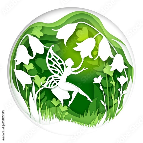 Vector layered paper cut style fairytale composition. Cute magical fairy sitting on bellflower. Beautiful fairytale scene in white and green colors.