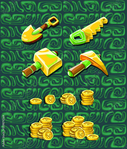 Gold coins, piece and lot, Toolkit - Shovel. High quality illustration