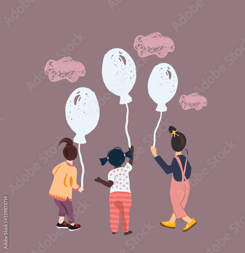 Happiness group of cute and adorable children with balloons. Diverse nation girls playing together. Toddlers of different races having party. Flat vector illustration in cartoon style