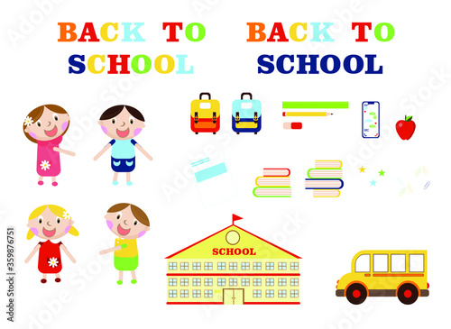 school supplies, books, pencil, ruler, backpack, yellow bus, kids, vector illustration