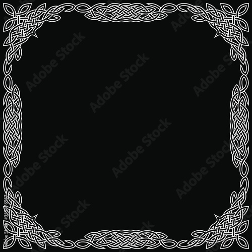 Square white celtic frame on a black background.