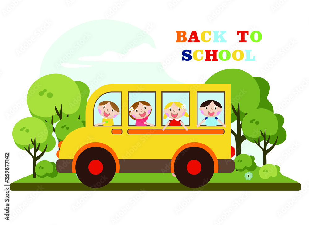 kids in yellow school bus, vector illustration