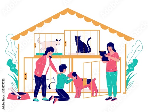 Pet shelter vector concept flat style design illustration. Mother with her son adopting cute dog from animal shelter or rescue center. Homeless pet adoption.